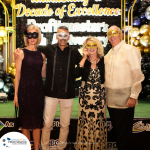 Four people wearing masquerade masks pose for a photo at an awards event. The backdrop reads "Celebrating a Decade of Excellence" and "Profitmaster's 10th Anniversary.