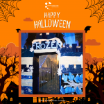 Halloween-themed backdrop featuring a "Frozen" castle design surrounded by spiderwebs and bats, with a "Happy Halloween" message at the top.