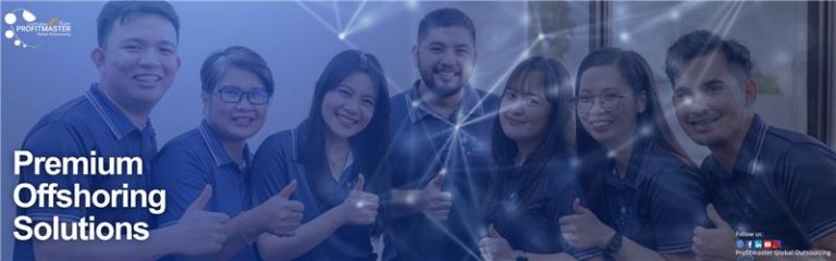 A group of seven people in blue shirts smiling and giving thumbs up represents the essence of "Premium Offshoring Solutions" by Profitmaster. Their enthusiasm captures the potential to grow your business. The company logo is proudly visible in the top left corner.