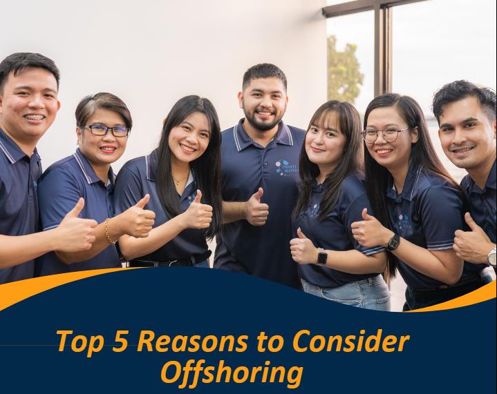 A group of seven people smiling and giving thumbs up. Text on the image reads, "Top 5 Reasons to Consider Outsourcing.