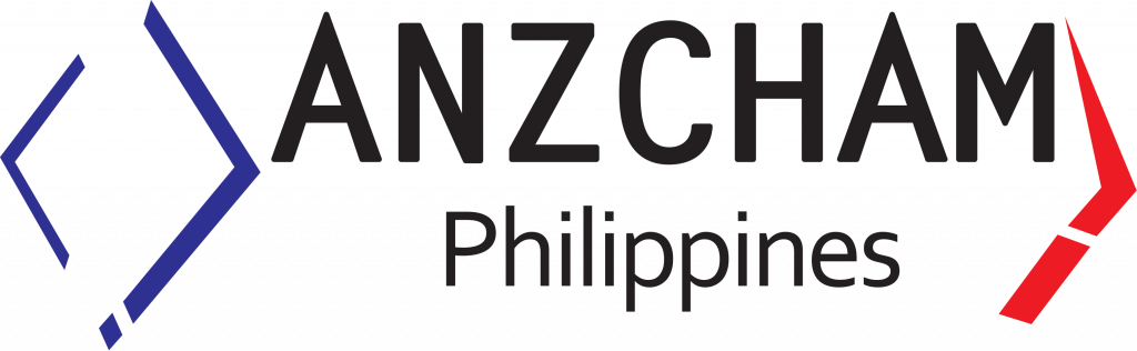 Logo of ANZCHAM Philippines featuring two diamond shapes, one in blue and another in red, with the text "ANZCHAM Philippines" next to them. Celebrating its 10th Anniversary in 2024, this emblem signifies their commitment highlighted at the upcoming PM Conference.