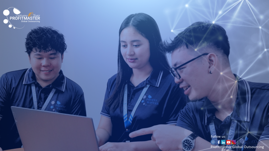 Three people in blue shirts are gathered around a laptop, with one gesturing towards the screen. The background features a digital network pattern.